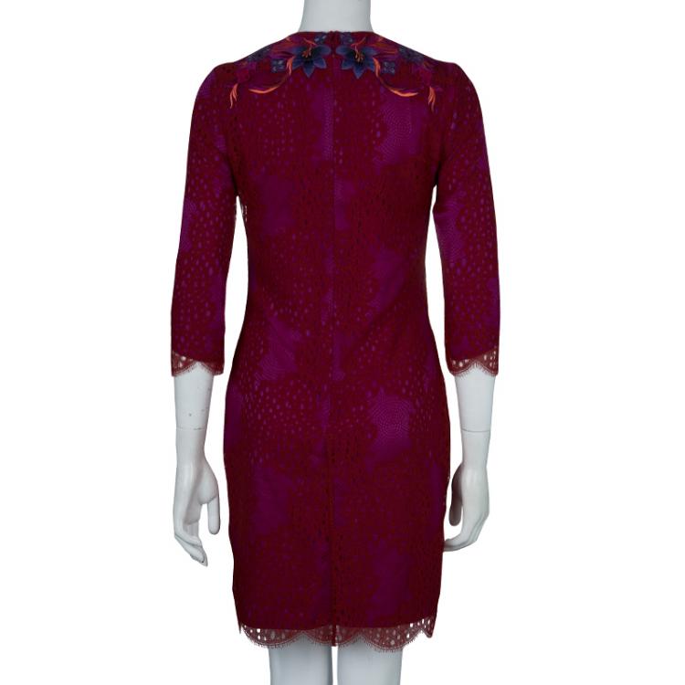 Pre Owned Matthew Williamson Purple Floral Embroidered Aplique Lace Dress M