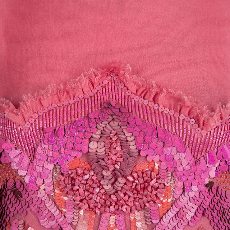 Pre Owned Matthew Williamson Pink Silk Feather and Bead Embellished  Sleeveless Cocktail Dress S
