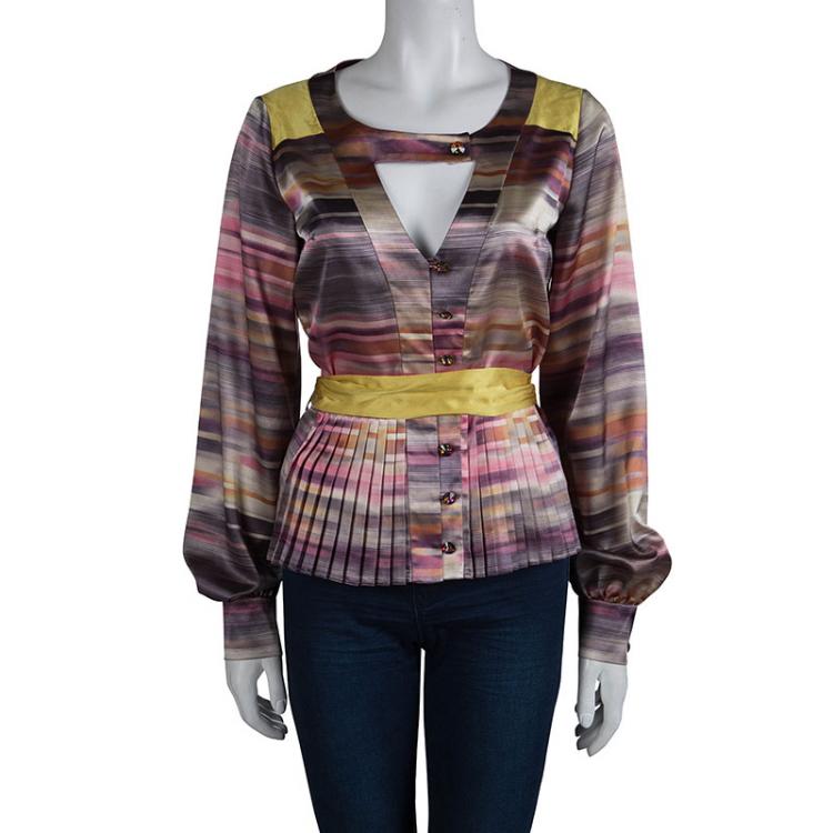 Pre Owned Mathew Williamson Multicolor Striped Satin Belted Long Sleeve Blouse S