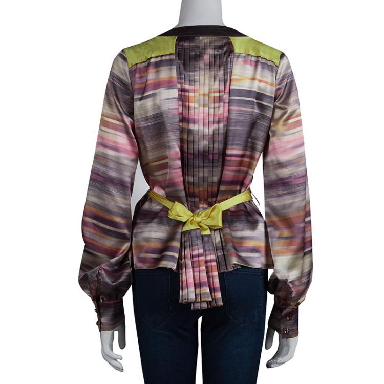 Pre Owned Mathew Williamson Multicolor Striped Satin Belted Long Sleeve Blouse S