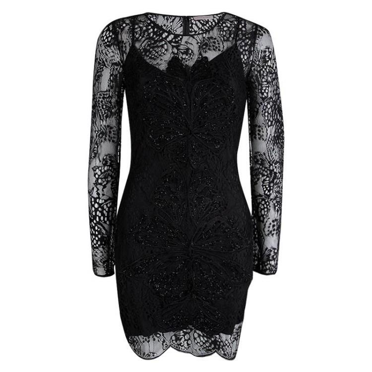 Pre Owned Matthew Williamson Black Embellished Overlay Lace Dress S