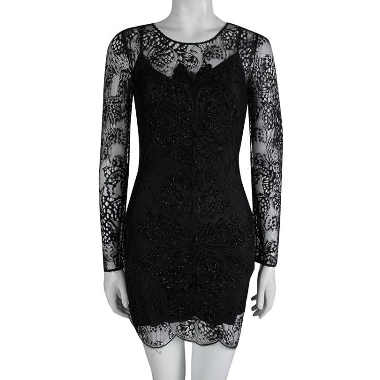 Pre Owned Matthew Williamson Black Embellished Overlay Lace Dress S