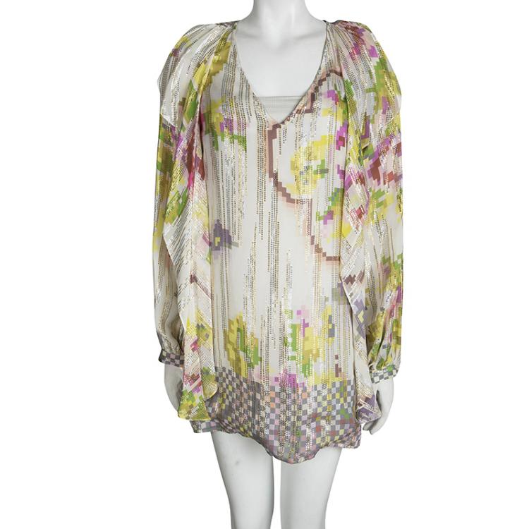 Pre Owned Matthew Williamson Mutlicolor Printed Silk Lurex Detail Long Sleeve Dress M