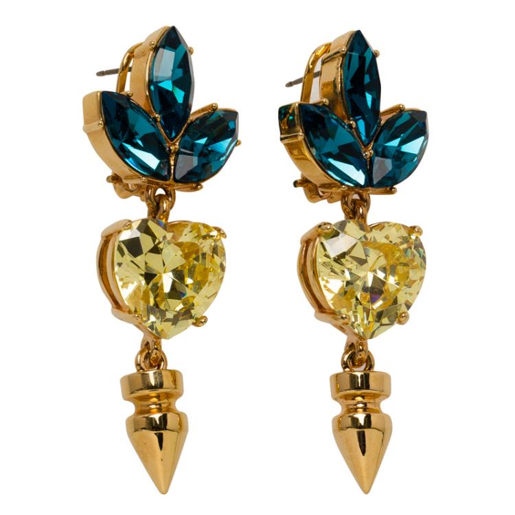 Pre Owned Mawi Yellow Blue Crystal Embellished Rose Gold Plated Spike Dangle Earrings