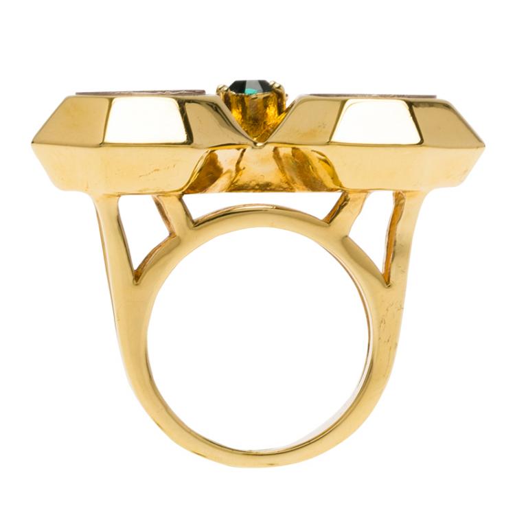 مملوكة مسبقًا Mawi Heirloom Collection Pink & Green Octagon Bezel Yellow Gold Plated Cocktail Ring Size 55