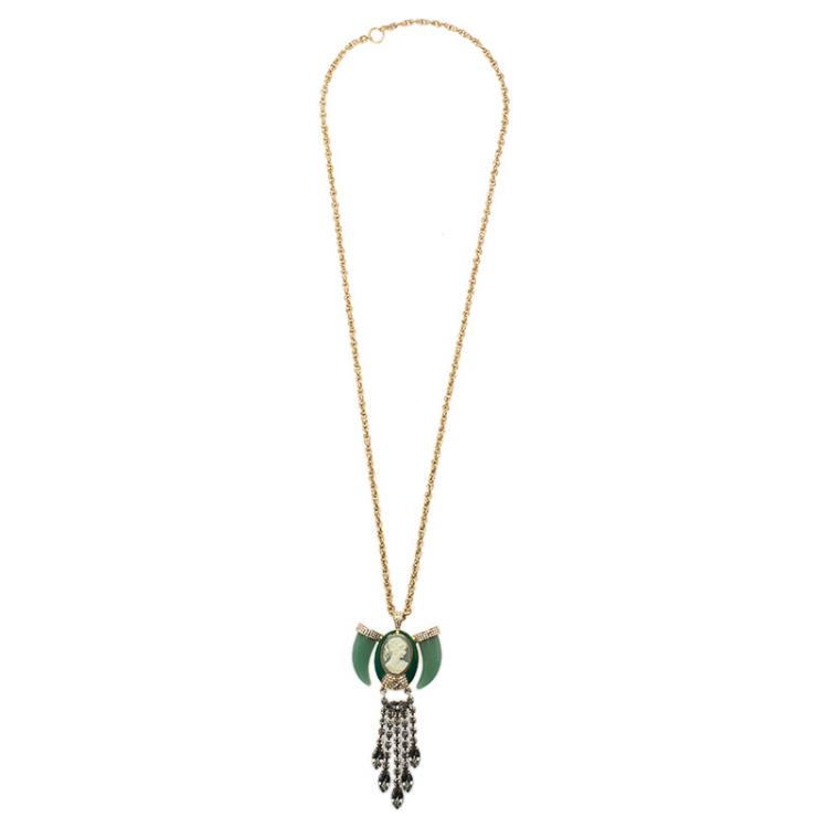 Pre Owned Mawi Heirloom Tusk Cameo Crystals Long Gold Tone Pendant Necklace