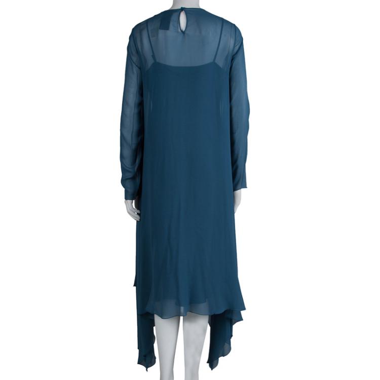 Pre Owned Max Mara Teal Blue Sheer Silk Chiffon Asymmetric Maxi Dress L