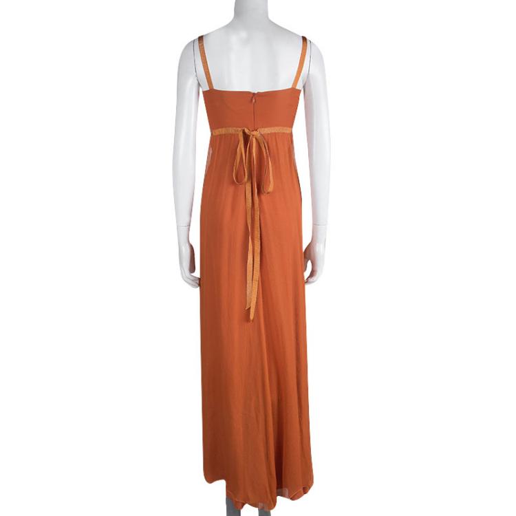 Pre Owned Max Mara Orange Silk Chiffon Sleeveless Maxi Dress S