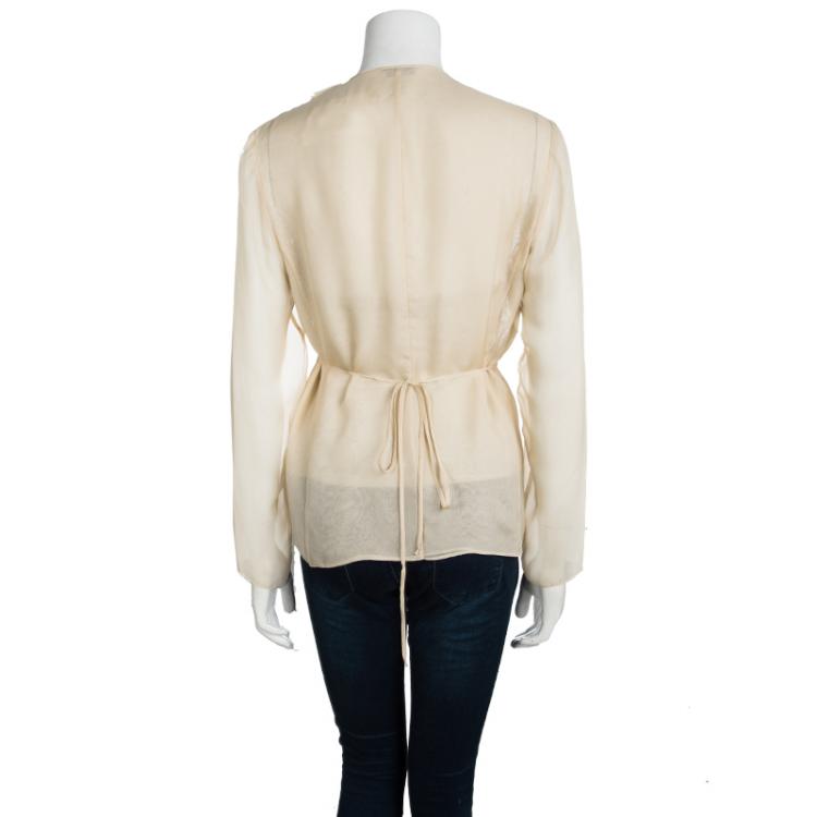 Pre Owned Max Mara Beige Silk Triangular Ruffle Detail Wrap Blouse M
