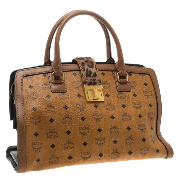 مملوكة مسبقًا MCM Cognac Coated Canvas Calfhair Detailed Tote
