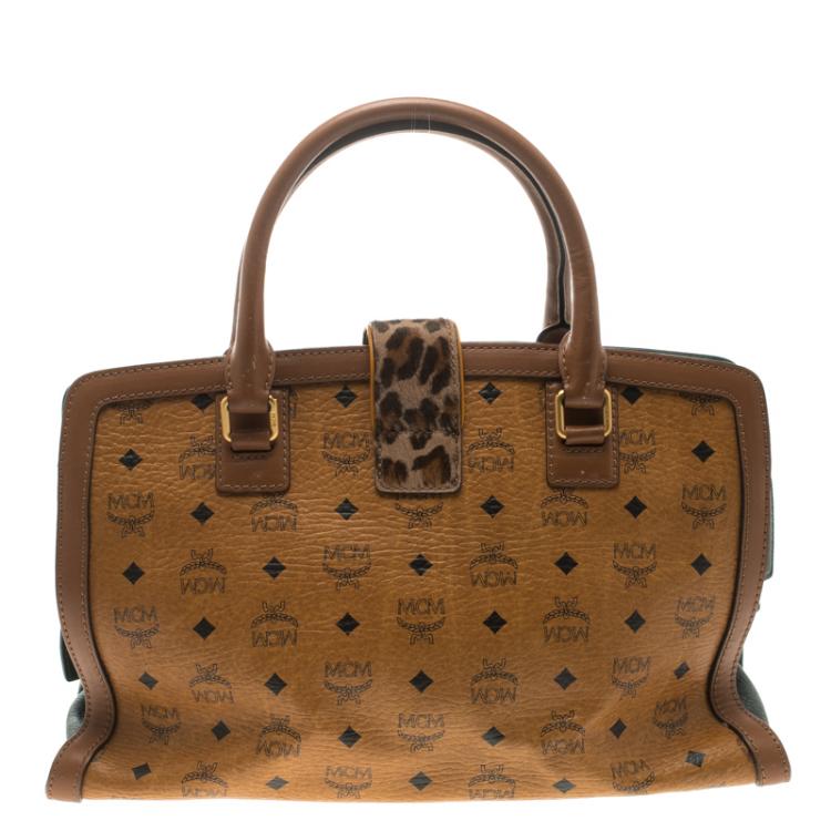 مملوكة مسبقًا MCM Cognac Coated Canvas Calfhair Detailed Tote