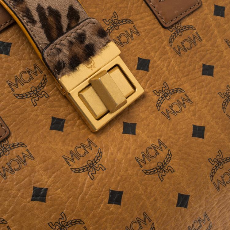 مملوكة مسبقًا MCM Cognac Coated Canvas Calfhair Detailed Tote