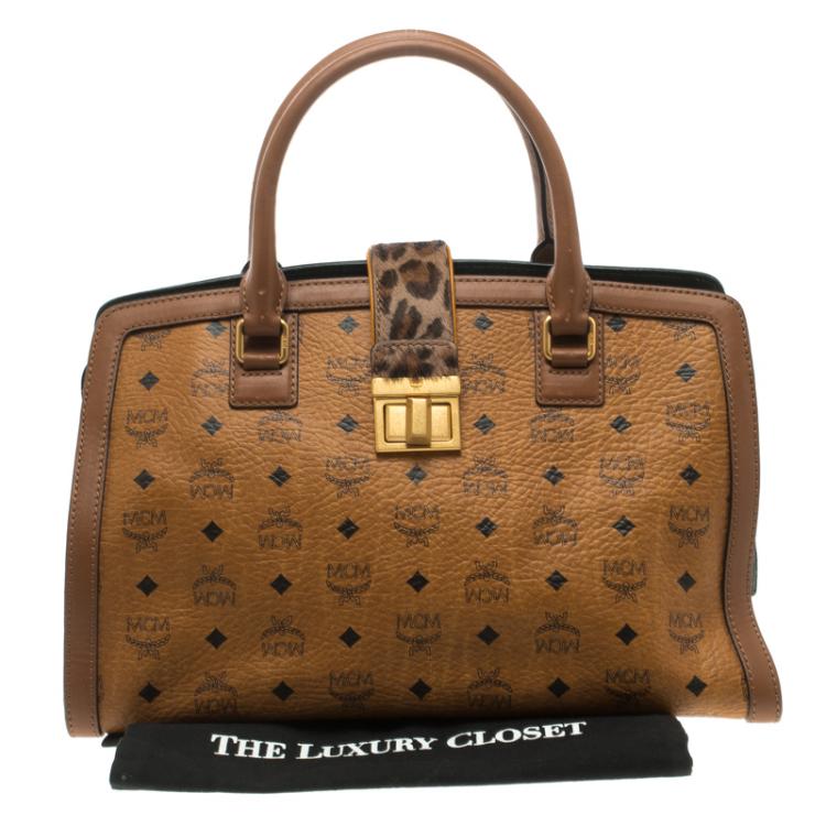 مملوكة مسبقًا MCM Cognac Coated Canvas Calfhair Detailed Tote