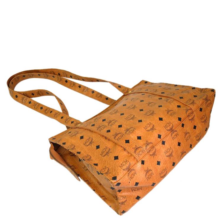 Pre Owned MCM Cognac Visetos Coated Canvas Medium Heritage Top Zip Shopper Tote