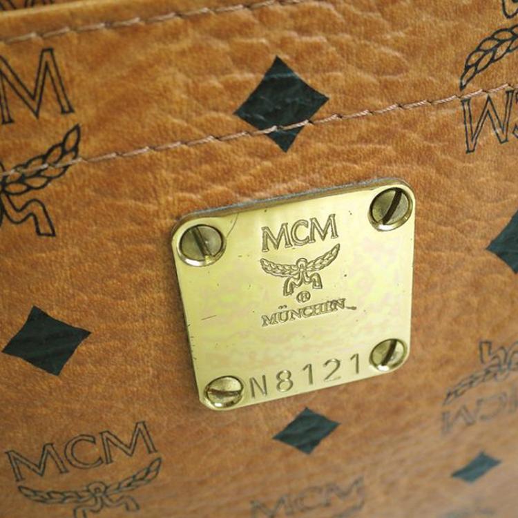 Pre Owned MCM Cognac Visetos Coated Canvas Medium Heritage Top Zip Shopper Tote