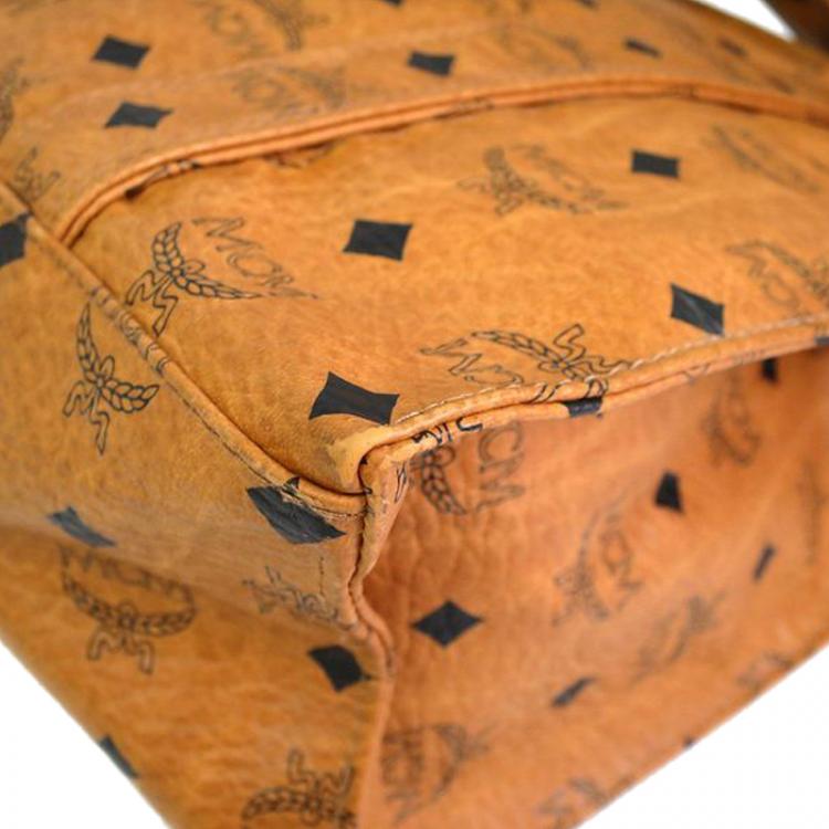 Pre Owned MCM Cognac Visetos Coated Canvas Medium Heritage Top Zip Shopper Tote