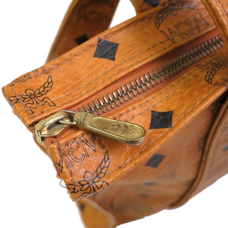 Pre Owned MCM Cognac Visetos Coated Canvas Medium Heritage Top Zip Shopper Tote