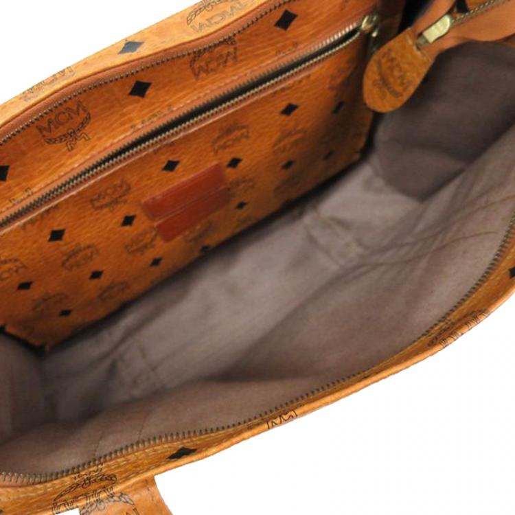 Pre Owned MCM Cognac Visetos Coated Canvas Medium Heritage Top Zip Shopper Tote