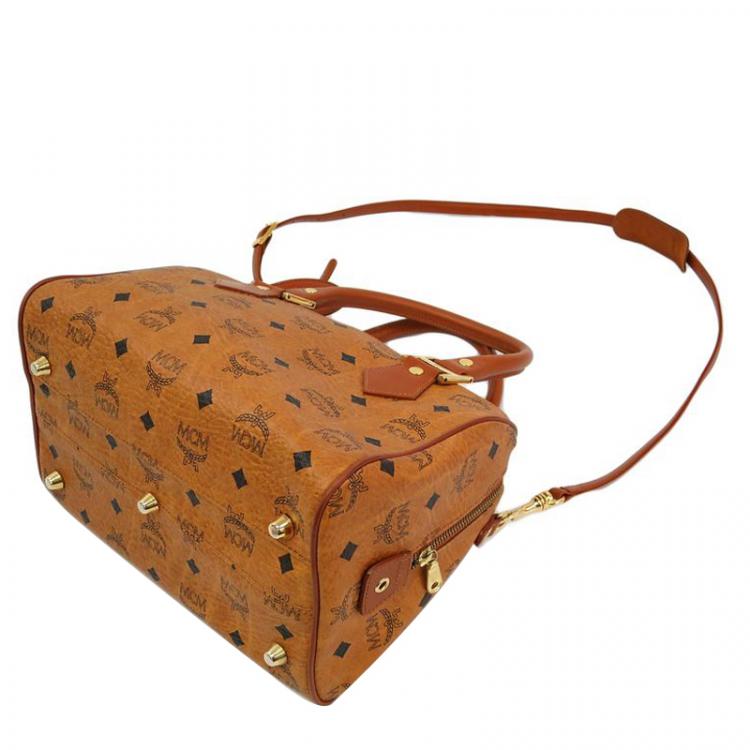 Pre Owned MCM Cognac Visetos Coated Canvas Small Heritage Boston