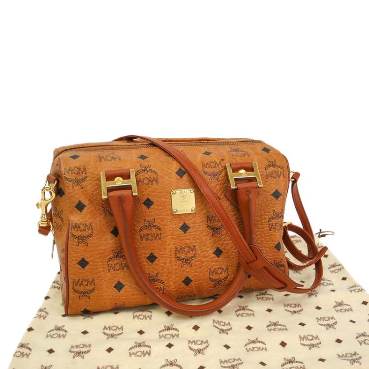 Pre Owned MCM Cognac Visetos Coated Canvas Small Heritage Boston