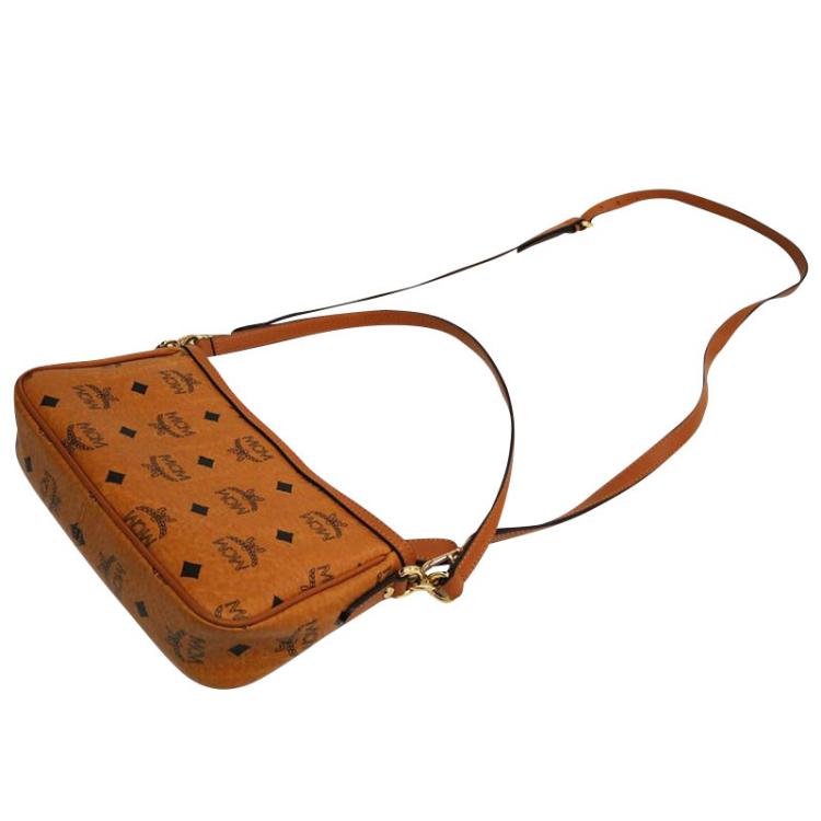 Pre Owned MCM Cognac Visetos Coated Canvas Heritage Zip Up Crossbody Bag