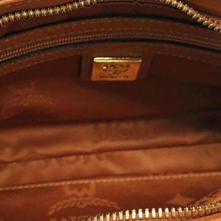 Pre Owned MCM Cognac Visetos Coated Canvas Heritage Zip Up Crossbody Bag