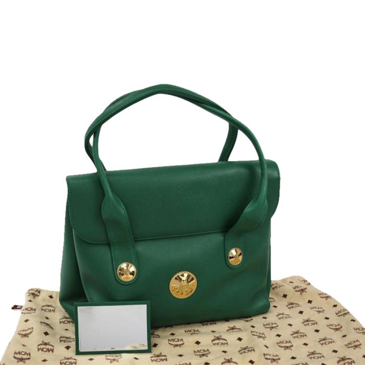 Pre Owned MCM Green Leather Flap Top Handle Bag