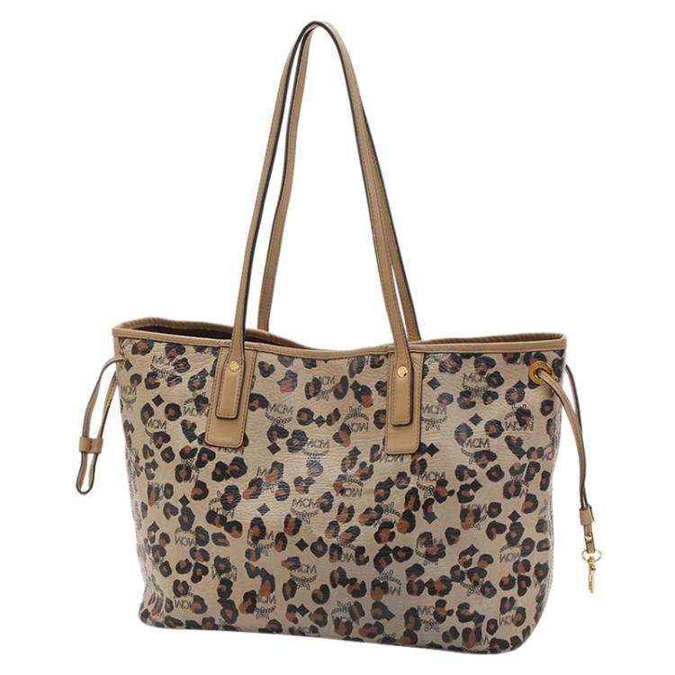 Pre Owned MCM Brown Visetos Coated Canvas Leopard Print Shopper Tote