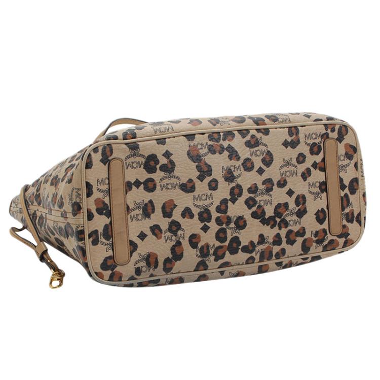 Pre Owned MCM Brown Visetos Coated Canvas Leopard Print Shopper Tote