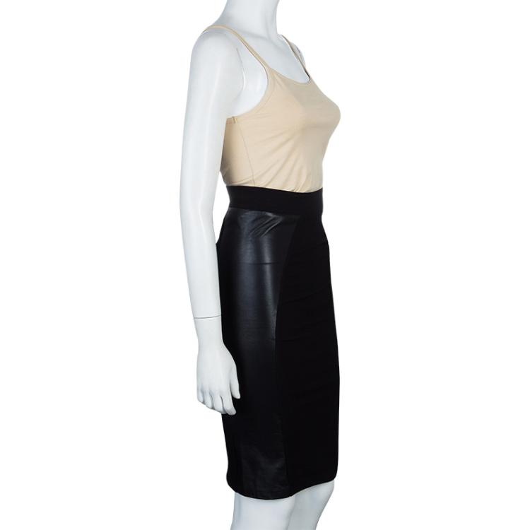 Pre Owned McQ by Alexander McQueen Black Leather Panel Pencil Skirt XS 