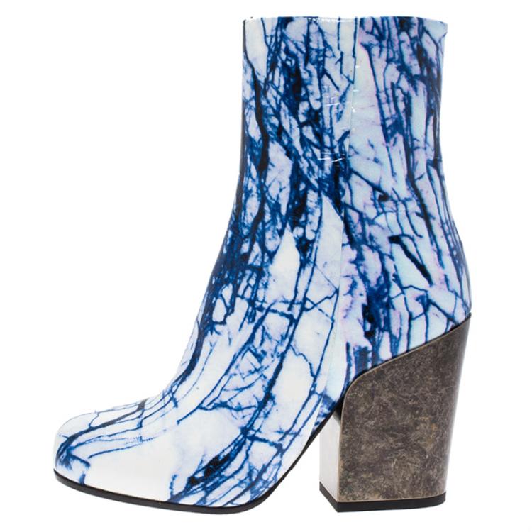 Pre Owned McQ by Alexander McQueen Blue and White Printed Leather Geffrye Boots Size 37
