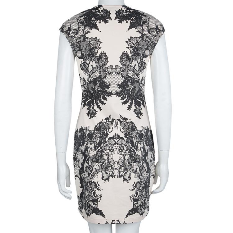 Pre Owned McQ by Alexander McQueen Beige Lace Print Bodycon Dress L