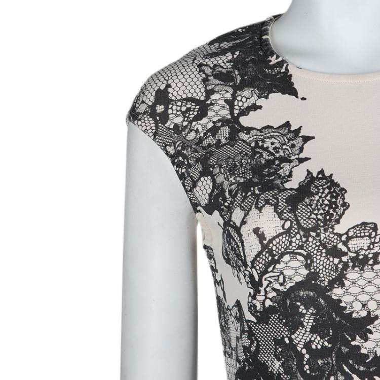 Pre Owned McQ by Alexander McQueen Beige Lace Print Bodycon Dress L