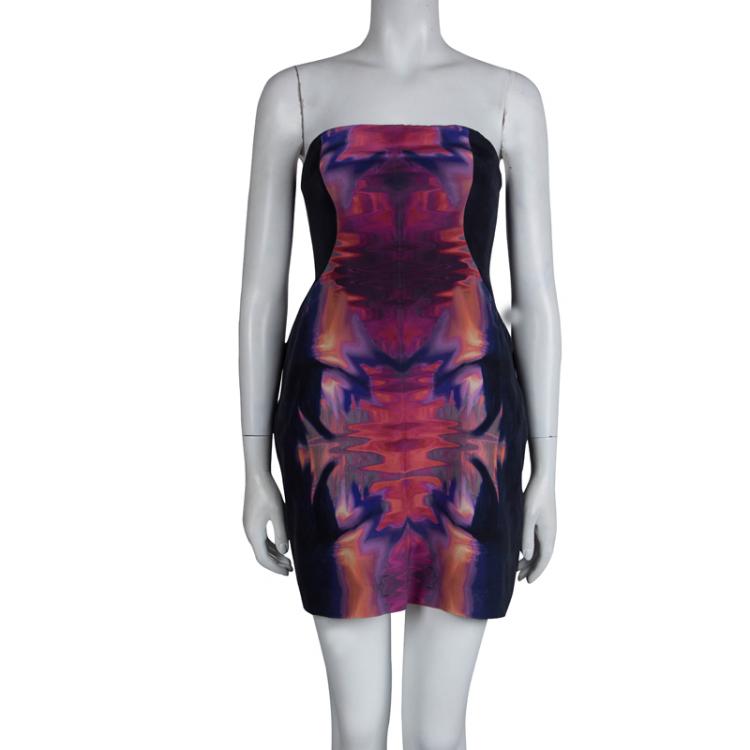 Pre Owned MCQ Alexander McQueen Multicolor Graphic Print Strapless Silk Dress M