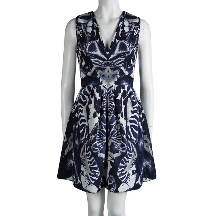Pre Owned McQ By Alexander McQueen Navy Blue Printed Sleeveless Skater Dress S