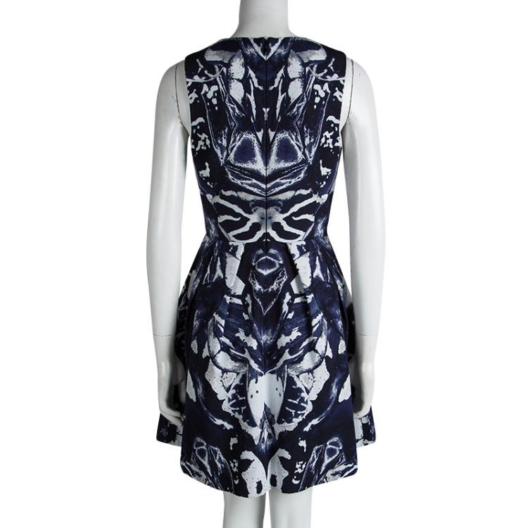 Pre Owned McQ By Alexander McQueen Navy Blue Printed Sleeveless Skater Dress S