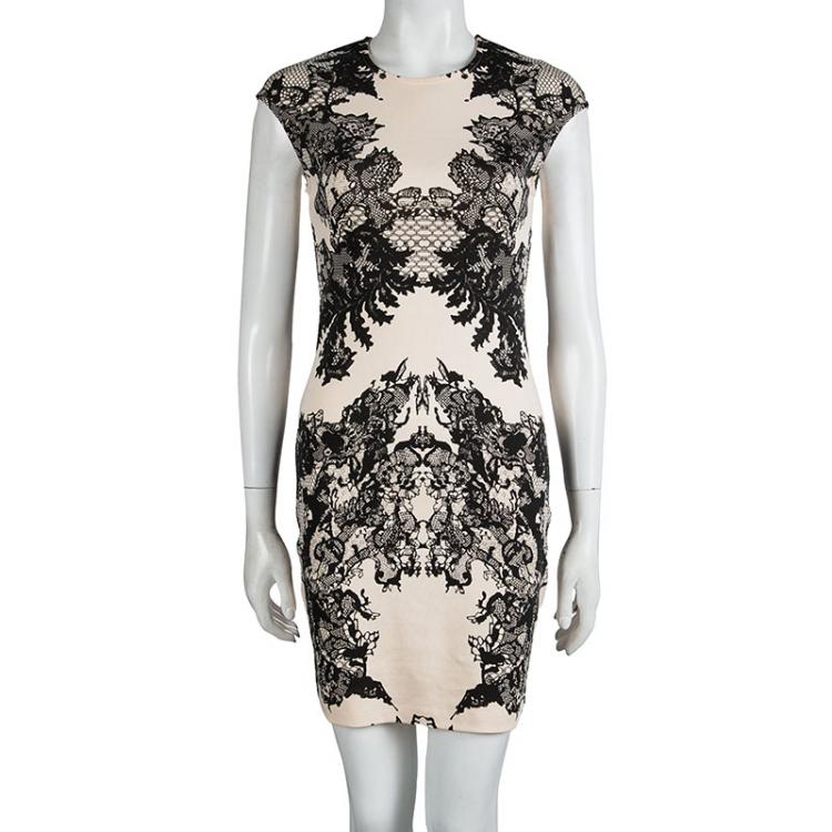 Pre Owned McQ by Alexander McQueen Beige Lace Print Bodycon Dress M