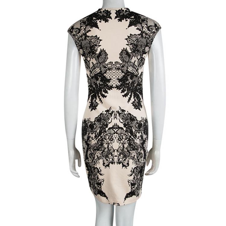 Pre Owned McQ by Alexander McQueen Beige Lace Print Bodycon Dress M