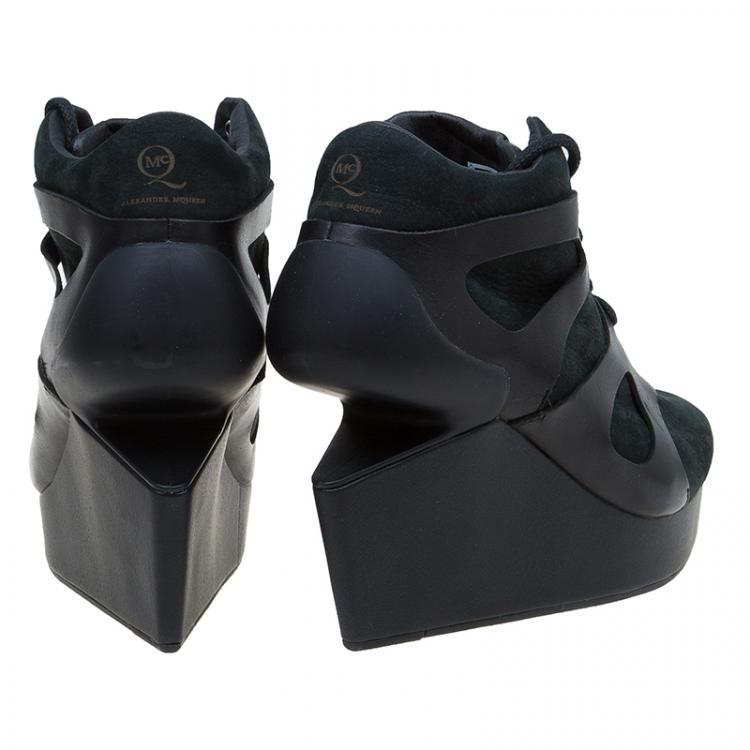 Pre Owned McQ By Alexander McQueen For Puma Black Leather and Nubuck Leap Wedge Sneakers Size 42 