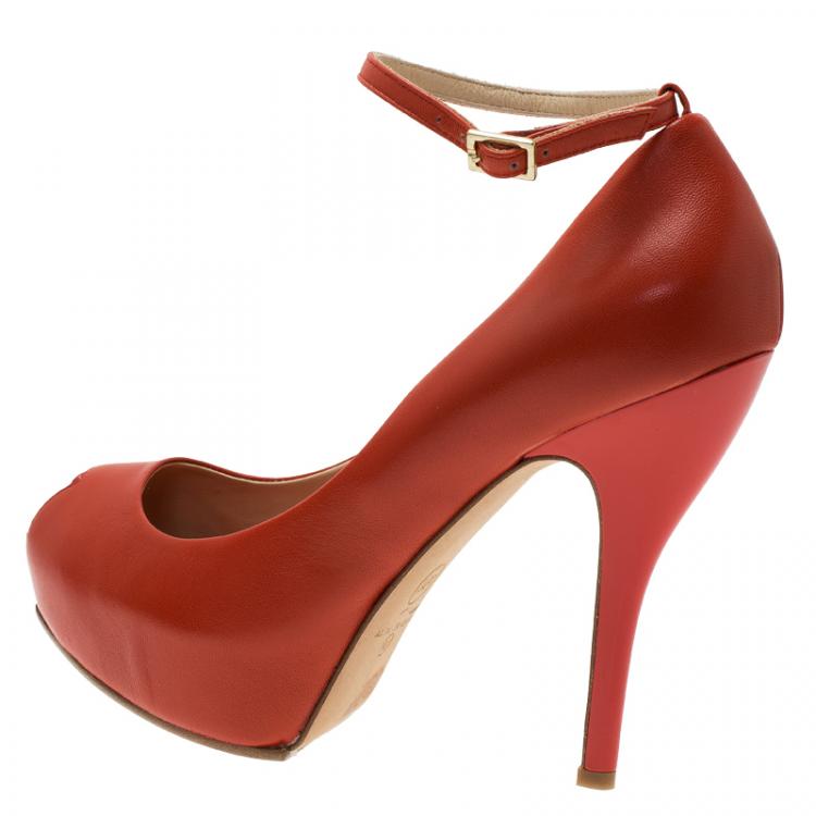 Pre Owned McQ by Alexander McQueen Red Leather Burlesque Peep Toe Platform Pumps Size 41
