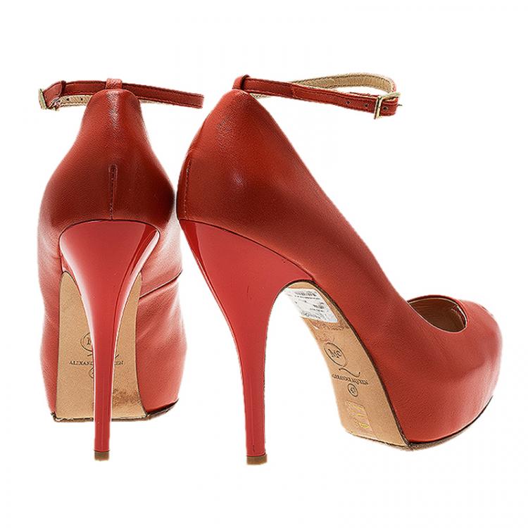 Pre Owned McQ by Alexander McQueen Red Leather Burlesque Peep Toe Platform Pumps Size 41