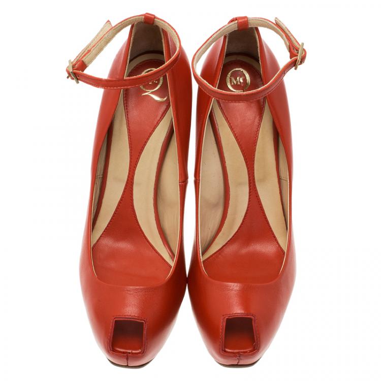 Pre Owned McQ by Alexander McQueen Red Leather Burlesque Peep Toe Platform Pumps Size 41