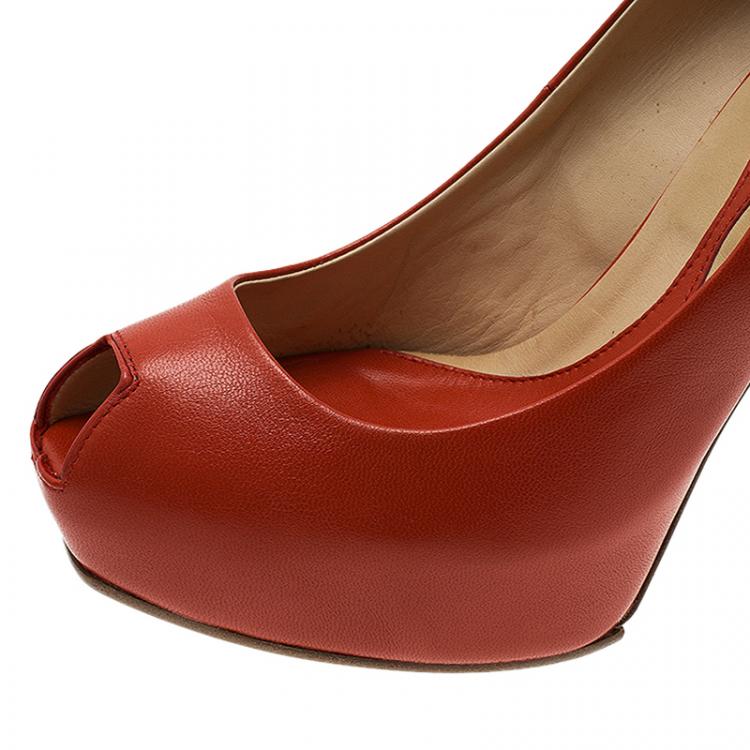 Pre Owned McQ by Alexander McQueen Red Leather Burlesque Peep Toe Platform Pumps Size 41
