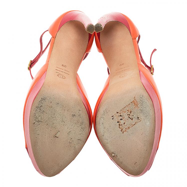 Pre Owned McQ by Alexander McQueen Red and Orange Leather Peep Toe Platform Sandals Size 39