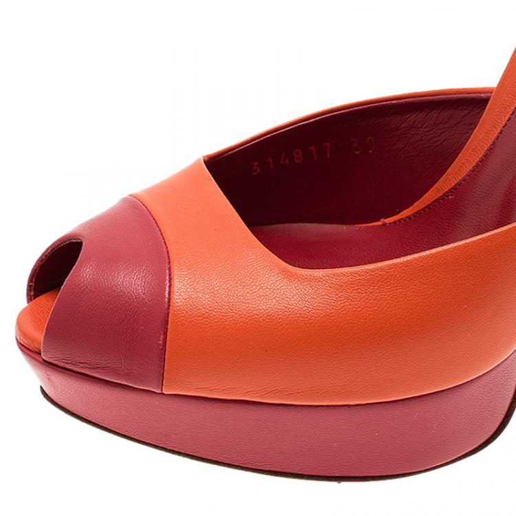 Pre Owned McQ by Alexander McQueen Red and Orange Leather Peep Toe Platform Sandals Size 39