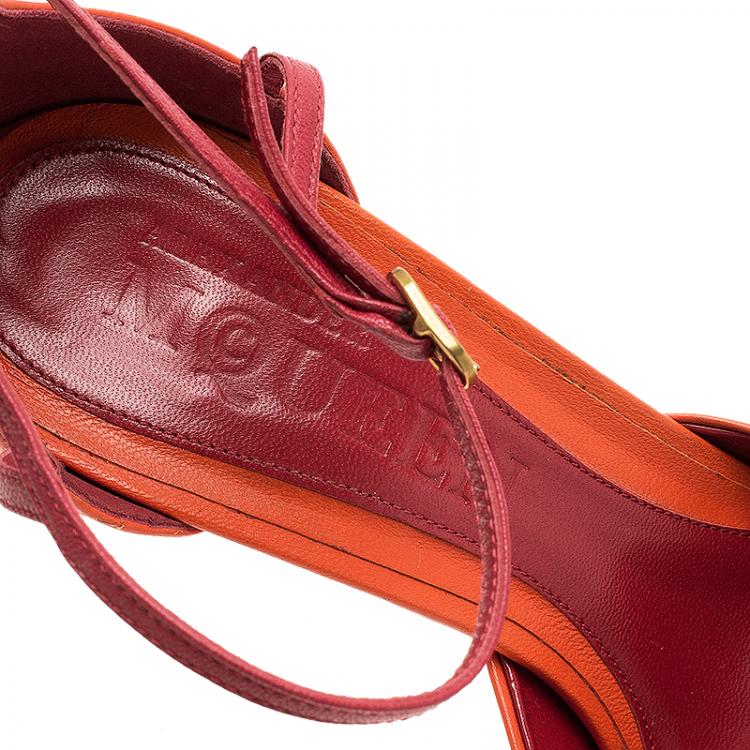 Pre Owned McQ by Alexander McQueen Red and Orange Leather Peep Toe Platform Sandals Size 39