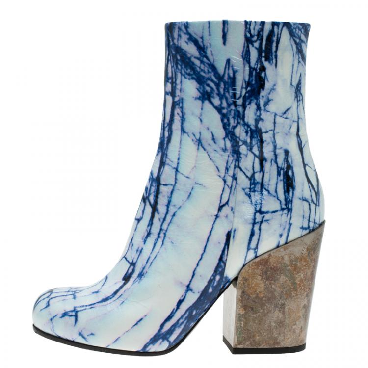 Pre Owned McQ by Alexander McQueen Blue and White Printed Leather Geffrye Boots Size 39