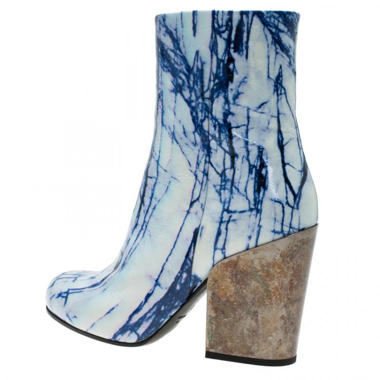 Pre Owned McQ by Alexander McQueen Blue and White Printed Leather Geffrye Boots Size 39