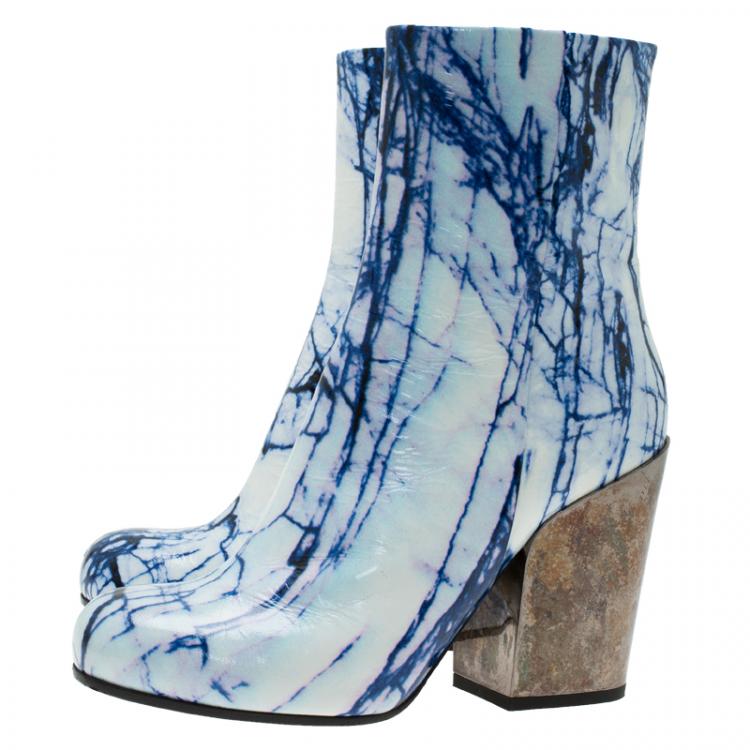 Pre Owned McQ by Alexander McQueen Blue and White Printed Leather Geffrye Boots Size 39