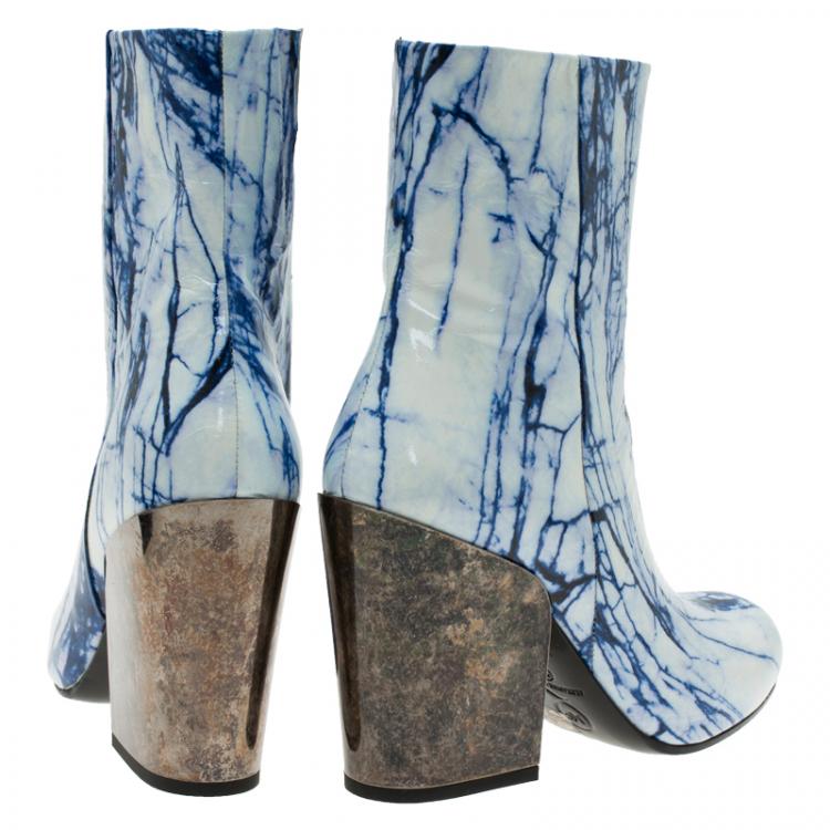 Pre Owned McQ by Alexander McQueen Blue and White Printed Leather Geffrye Boots Size 39